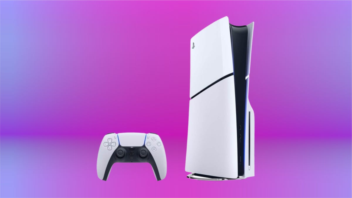 PS5 slim model with DualSense controller on purple CNET background