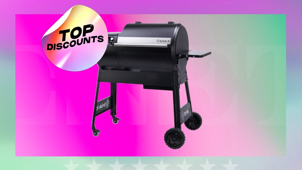 Brisk It grill displayed against a festive pink and blue background