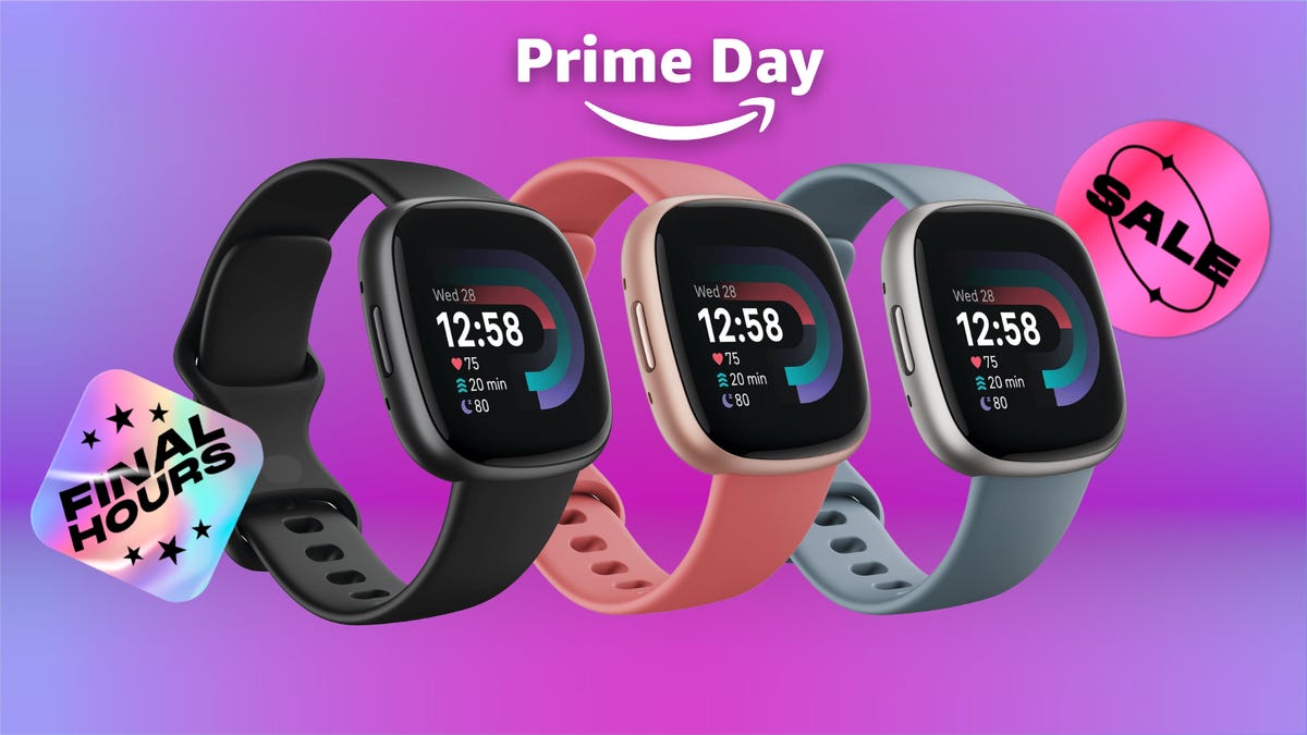 three Fitbit Versa 4 smartwatches in various colors on a purple background, with text: Prime Day, Sale, Final Hours
