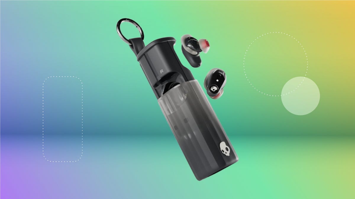 Black Skullcandy Method earbuds with long rectangle clip-on case against a gradient purple, blue, green and yellow background