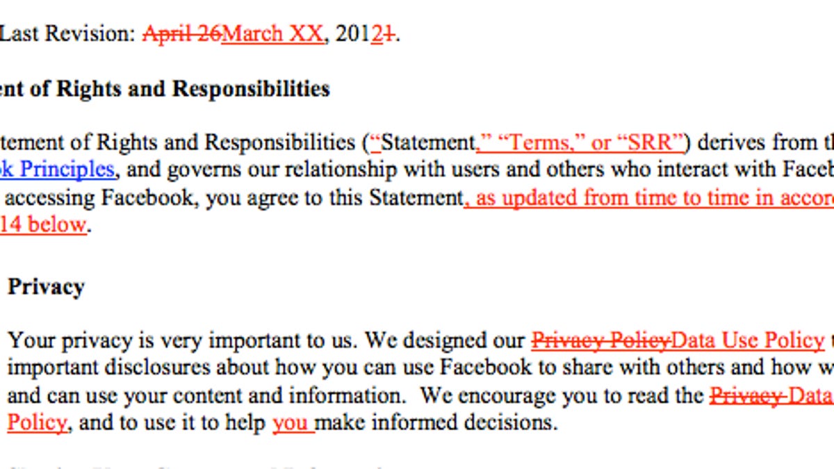 A section of the proposed changes to Facebook's Statement of Rights and Responsibilities for users.
