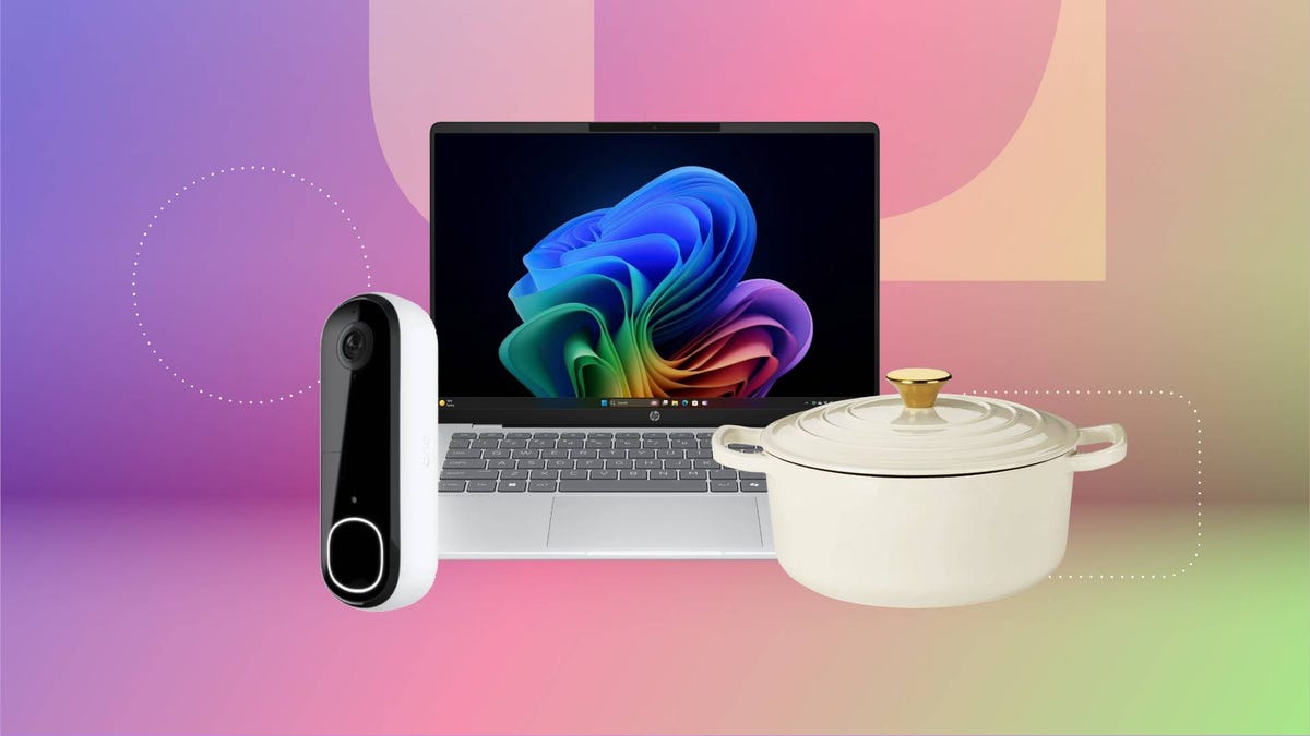 A video doorbell, laptop and Dutch oven against a pink/purple gradient CNET background.