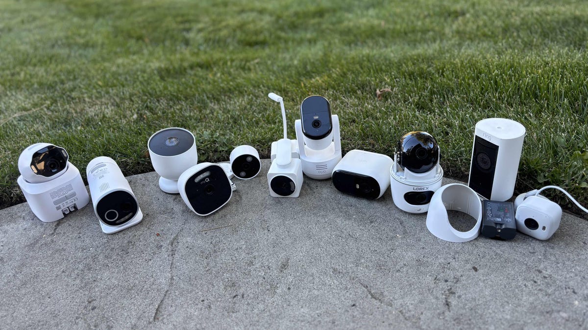 Home security cameras lined up on a sidewalk awaiting for CNET's drop test.