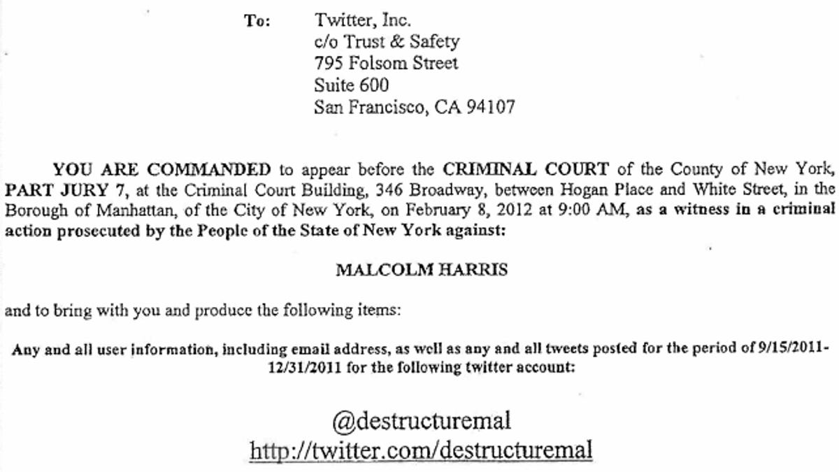 This is a screenshot of a digital version of the subpoena to Twitter.