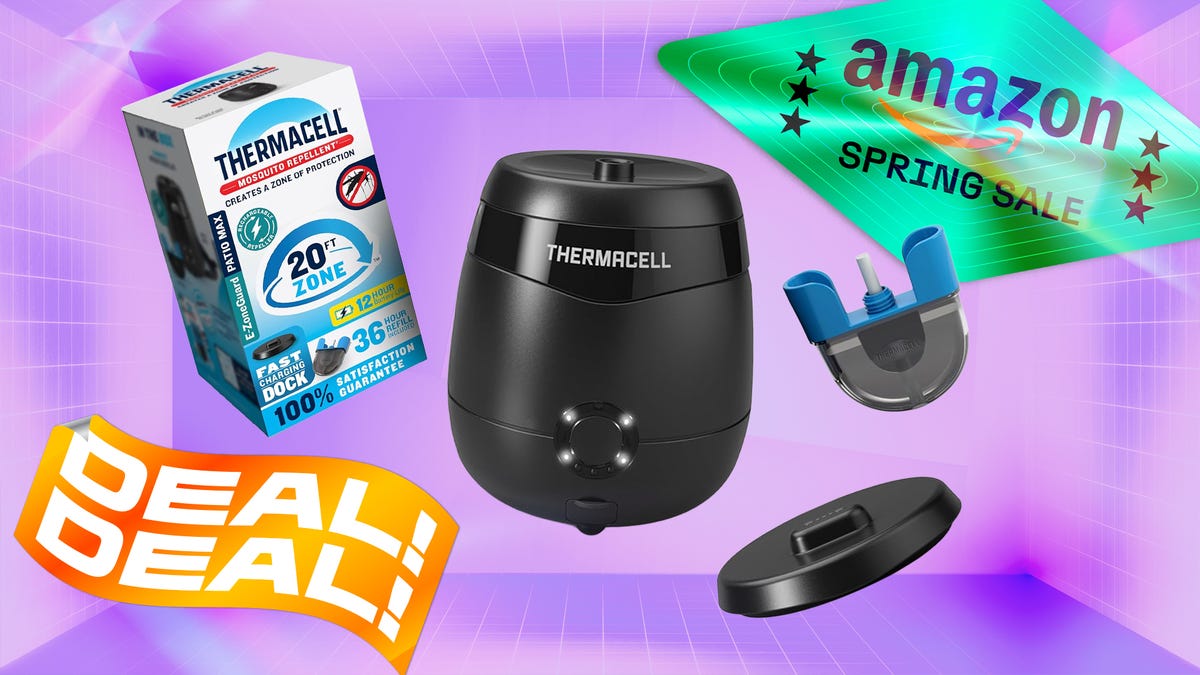 Thermacell rechargeable mosquito repeller on a purple CNET background.