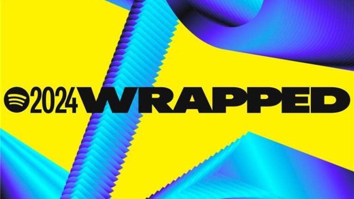 the Spotify Wrapped 2024 logo on an abstract background of blue shapes on yellow