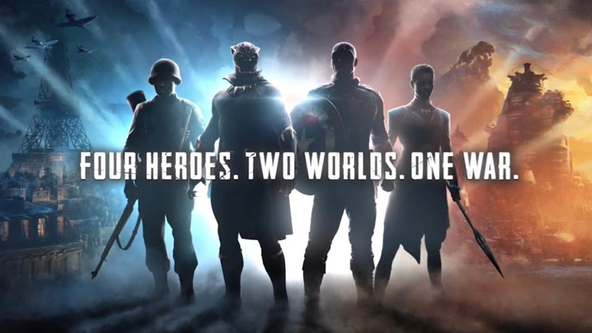 Four heroes stand in shadows in Skydance Black Panther and Captain America game