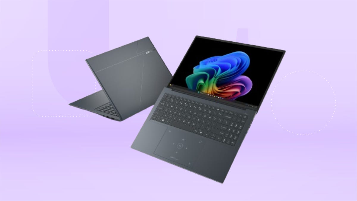 Two pictures of the Acer Swift Edge 16 showcase it splayed out flat, screen forward, and folded down with the laptop cover showing.