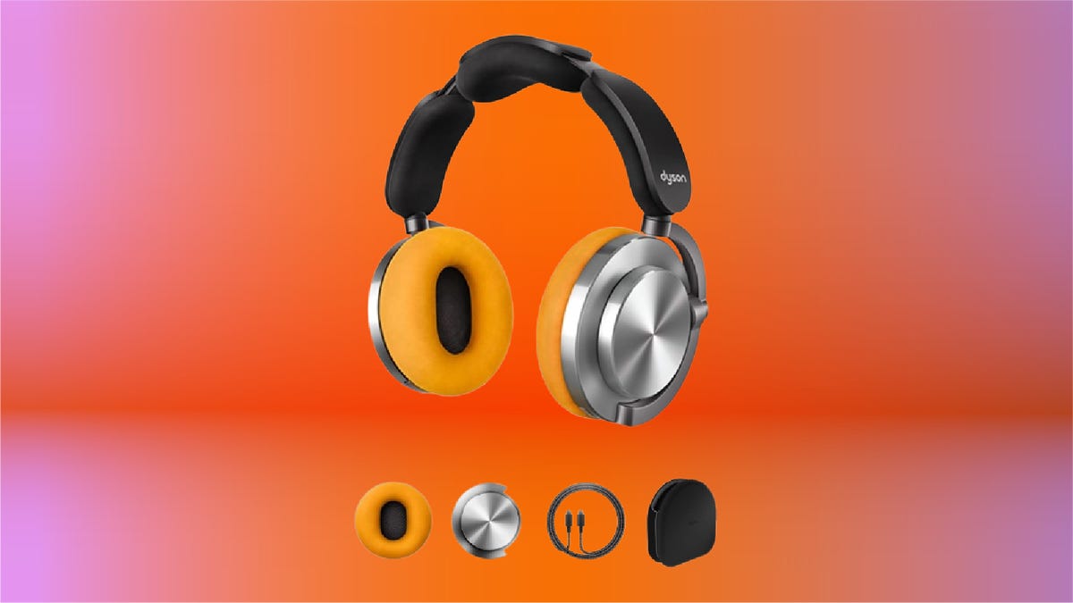 Black Dyson OnTrac headphones with copper ear covers. Background: coral, yellow and mint green gradient.