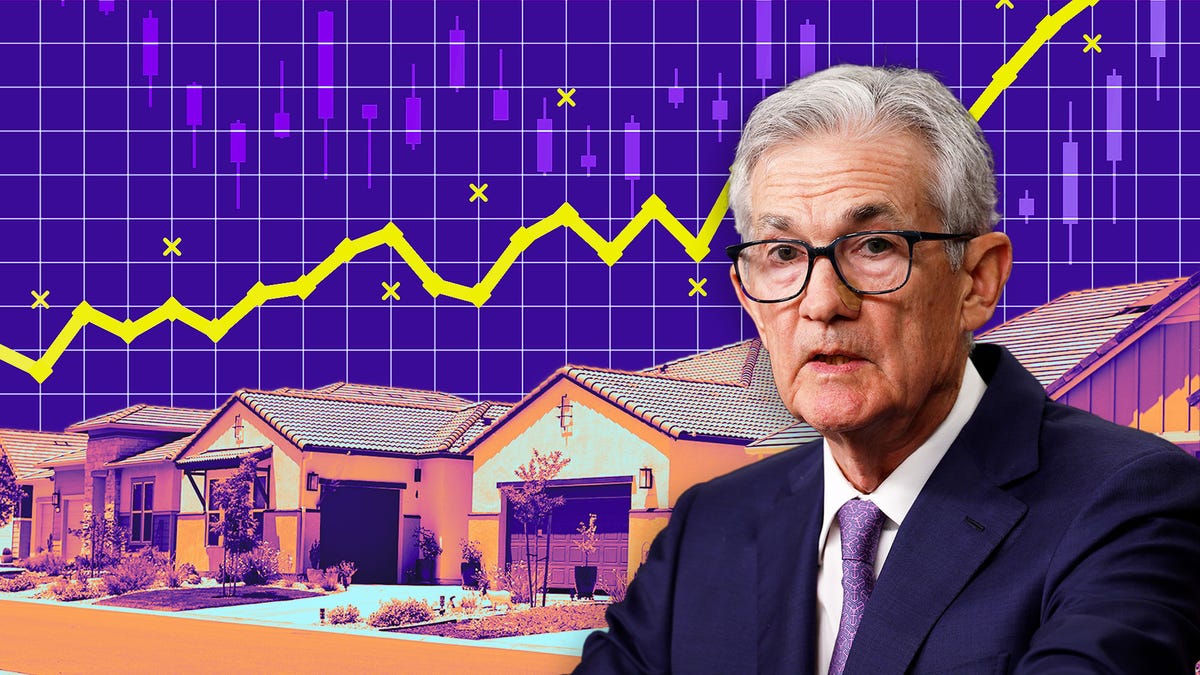 Jerome Powell with background of houses and line graph