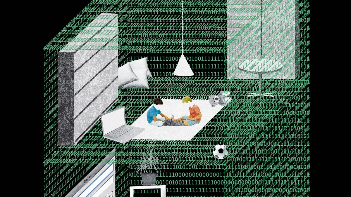 Surveillance cameras watching family in binary code home