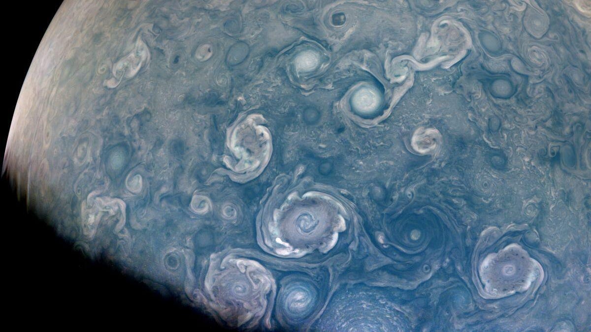 NASA's image of vortex-like swirls that represent giant storms on Jupiter.