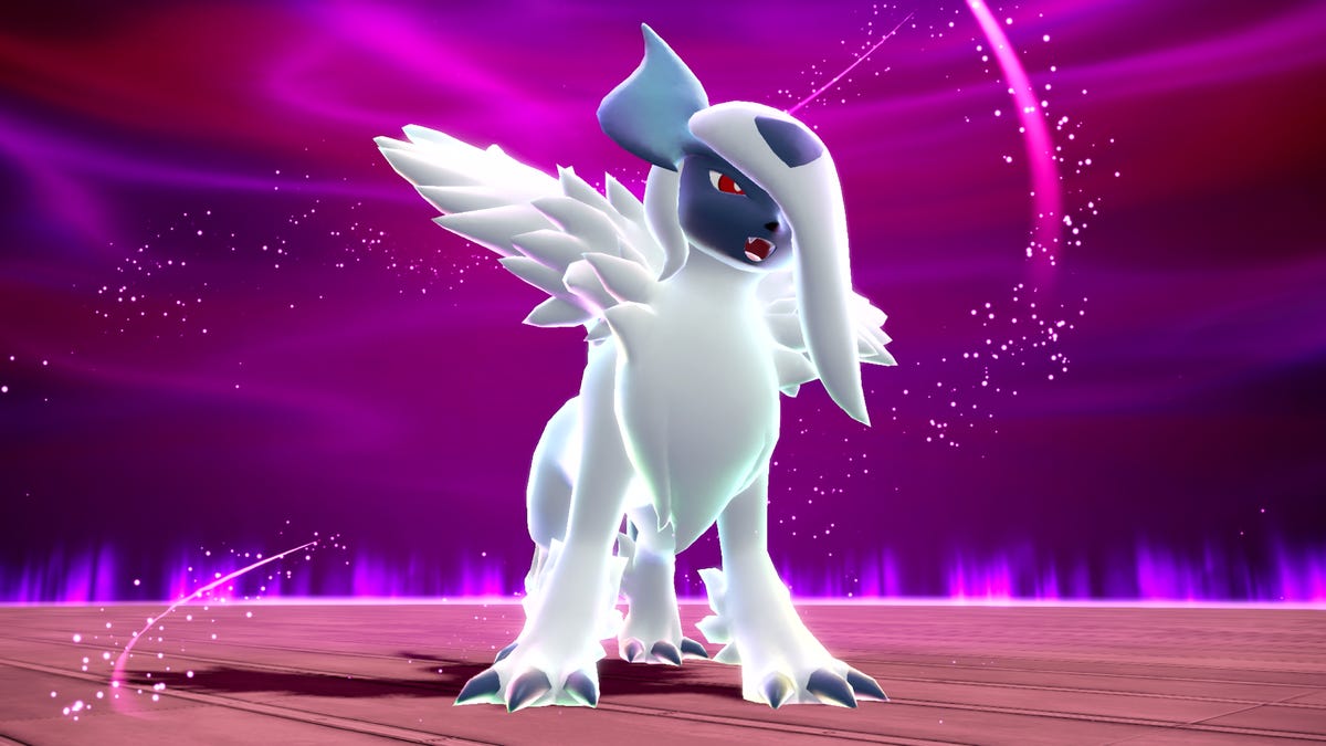 An in-game screenshot of a Pokemon that's been Mega Evolved,, with whirls of power standing before a purple background.