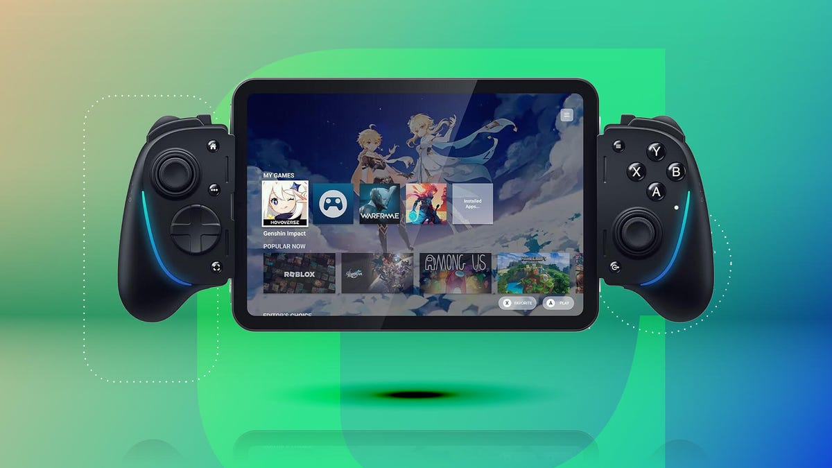 Razer Kishi Ultra set against a multicolored background.