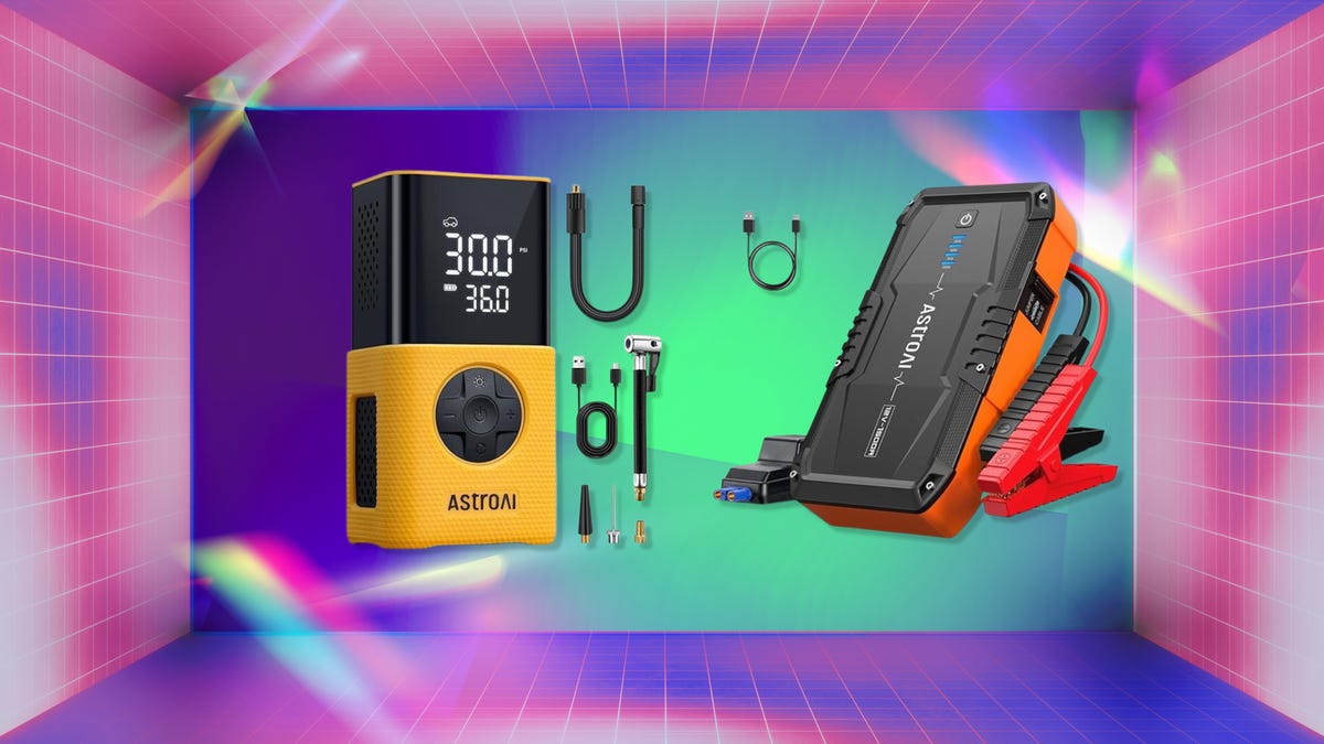 Yellow tire inflator with accessories next to orange, red and black car battery jump starter on a boxy grid-based background