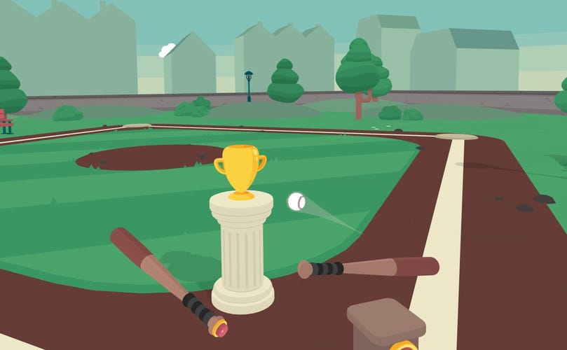 Two baseball bats aiming at a ball flying towards a trophy on a white pedestal in a baseball diamond, a scene in a video game.