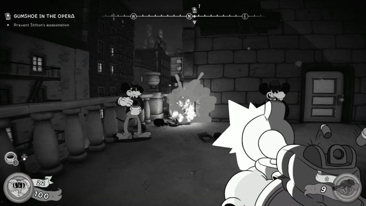 An in-game screenshot of black-and-white shooting combat.