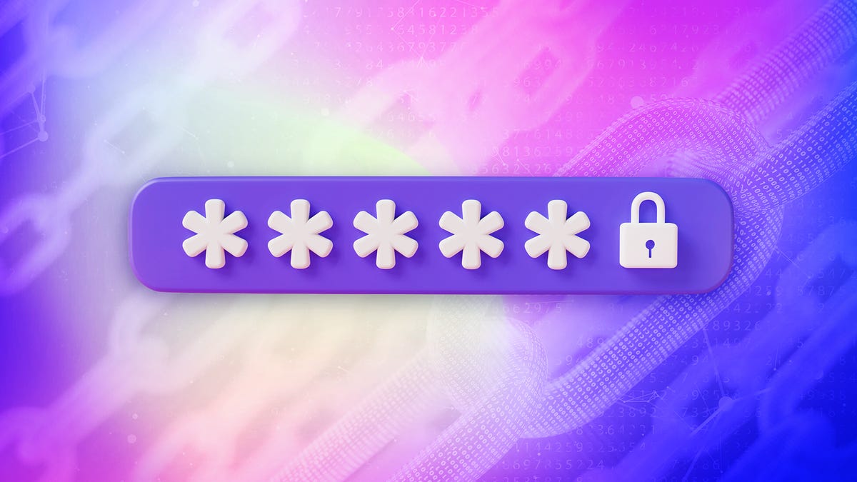 a password icon with asteriks and a lock on a pink and violet background