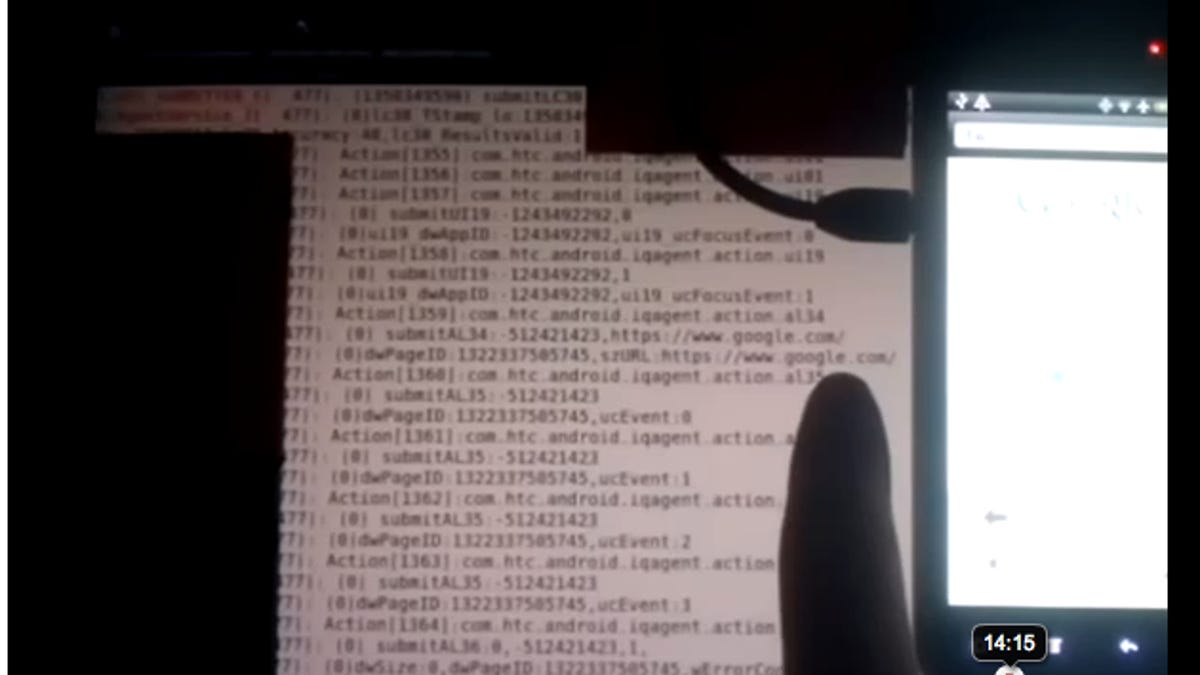Trevor Eckhart shows in a video how Carrier IQ appears to log Google searches, as well as text messages and buttons pressed on mobile devices. The screen shows logs from a debugger program and not necessarily what is being recorded or transmitted by Carrier IQ.