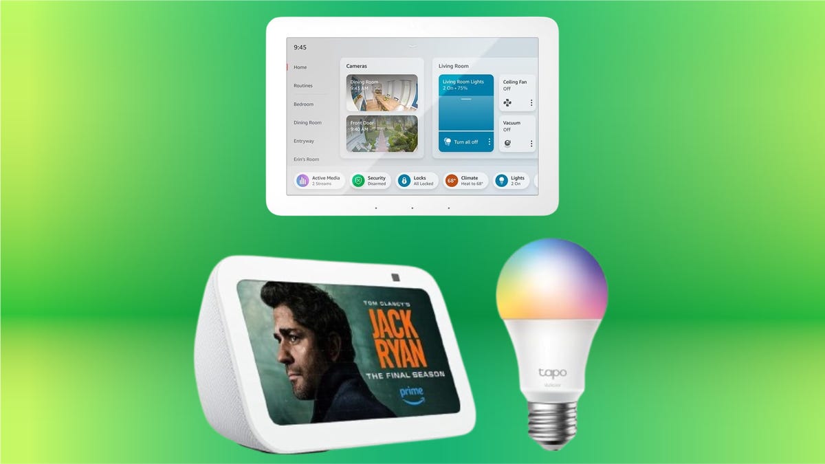 Amazon Echo Show 5, Smart Color Bulb and Echo Hub on green CNET background