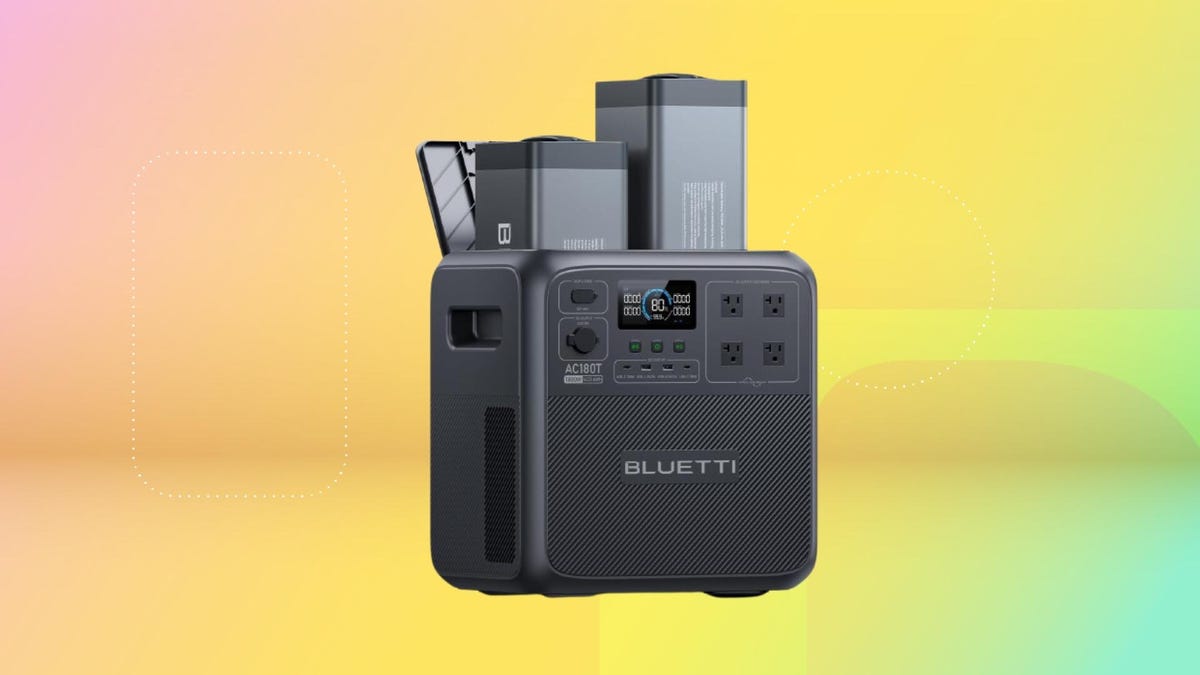 Bluetti AC180T power station on a yellow background.
