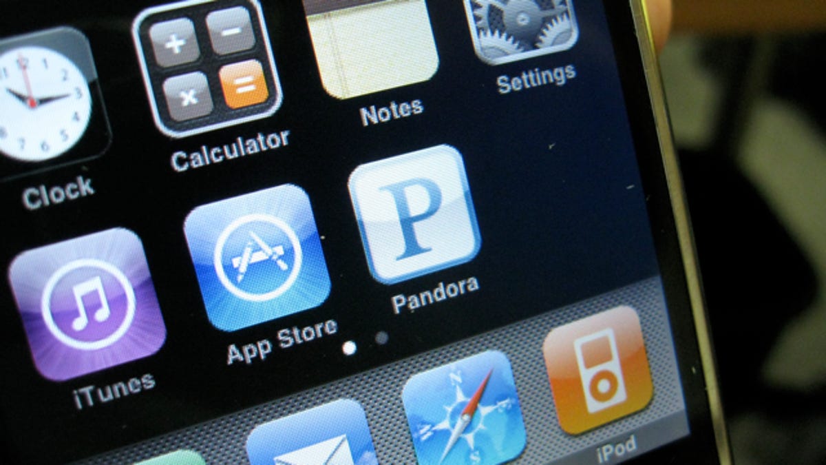 Photo of iPhone using Pandora Internet radio application.