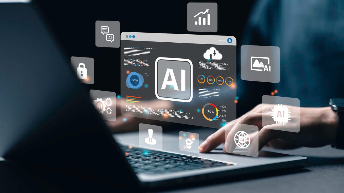A photo-illustration shows hands typing at a laptop, with various icons, and what looks like an AI chatbot window, hovering above the keyboard.
