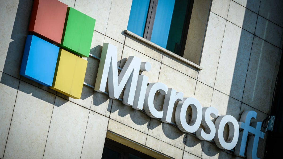 Microsoft sign on a building facade.