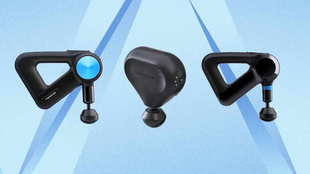 Three different Therabody massage guns against a blue background.