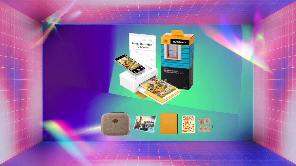 Top left: photo printer, photo sheets box. Bottom left: bag, photo, album and small clips. Background: purple, green and hot pink gradient.