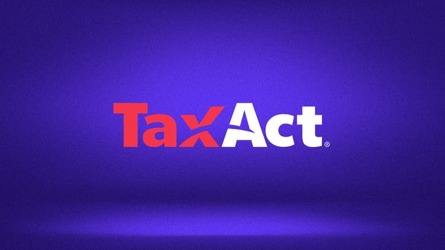 The TaxAct logo in red and white letters against a blue-purple background