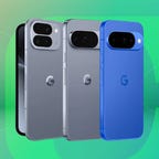 Three Google phones against a green gradient CNET background.