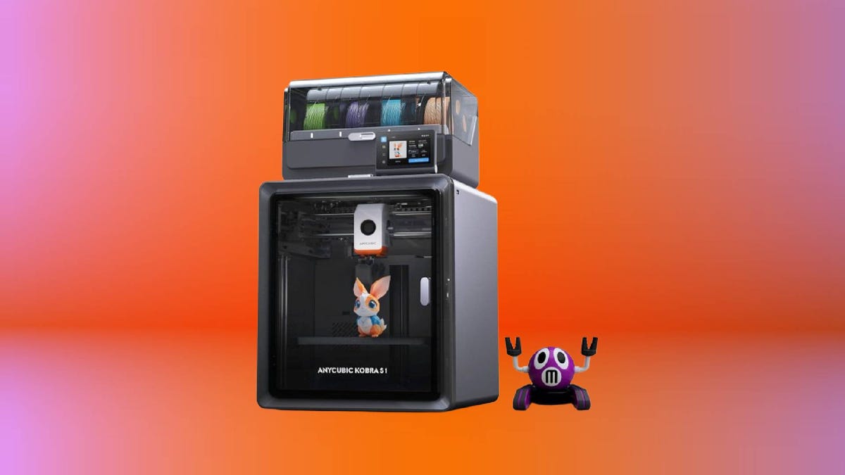 The Anycubic Kobra S1 Combo 3D Printer with 3D printed designs on a gradient orange background.