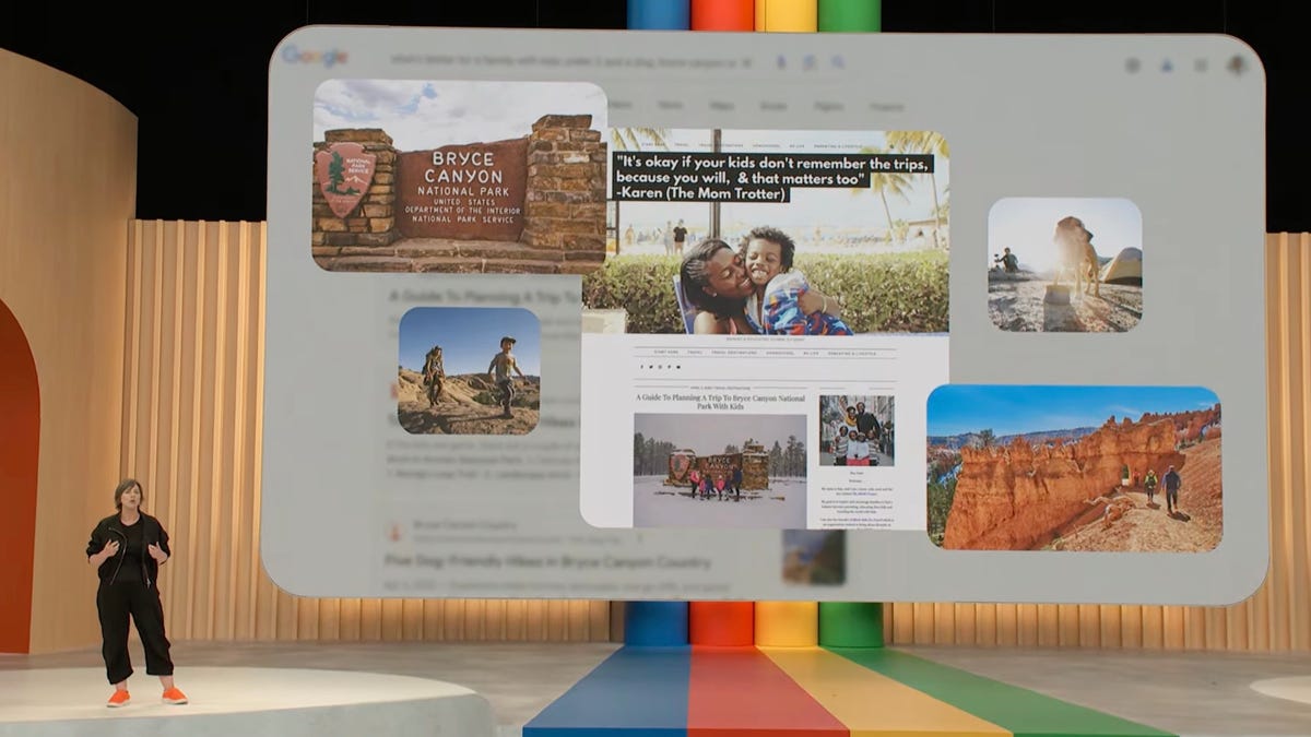 Google presenter speaking about AI search at Google I/O in May 2023