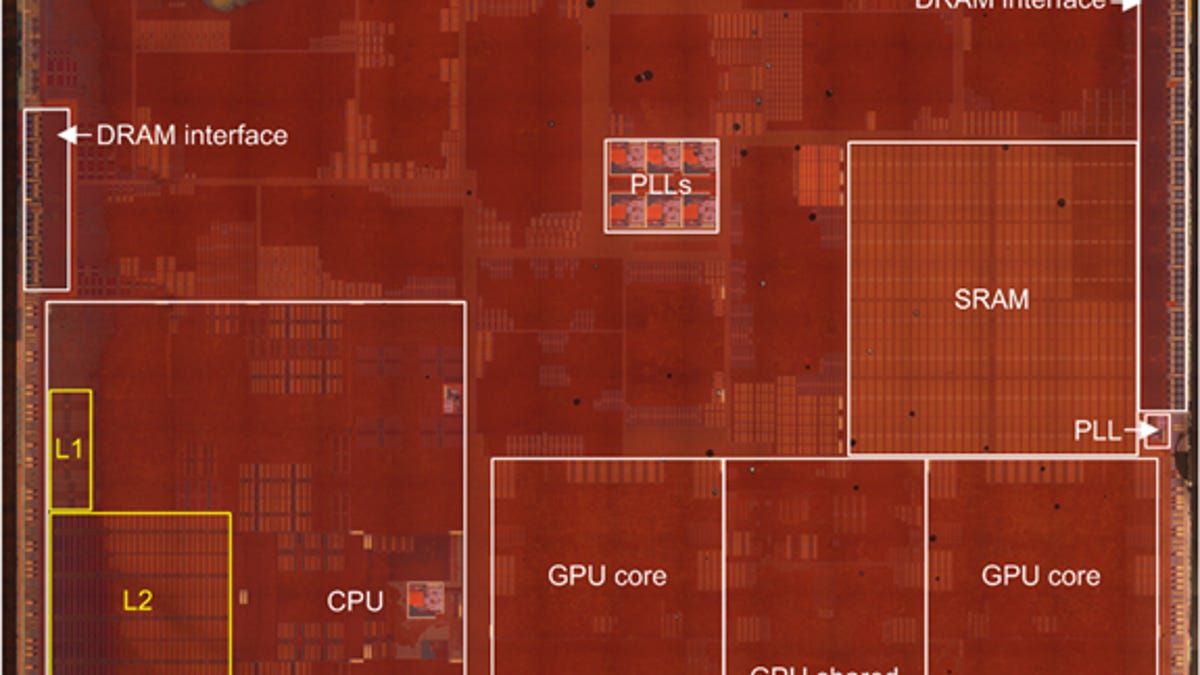 Apple A7 chip layout. The 64-bit design gives Apple a leg up on the future.