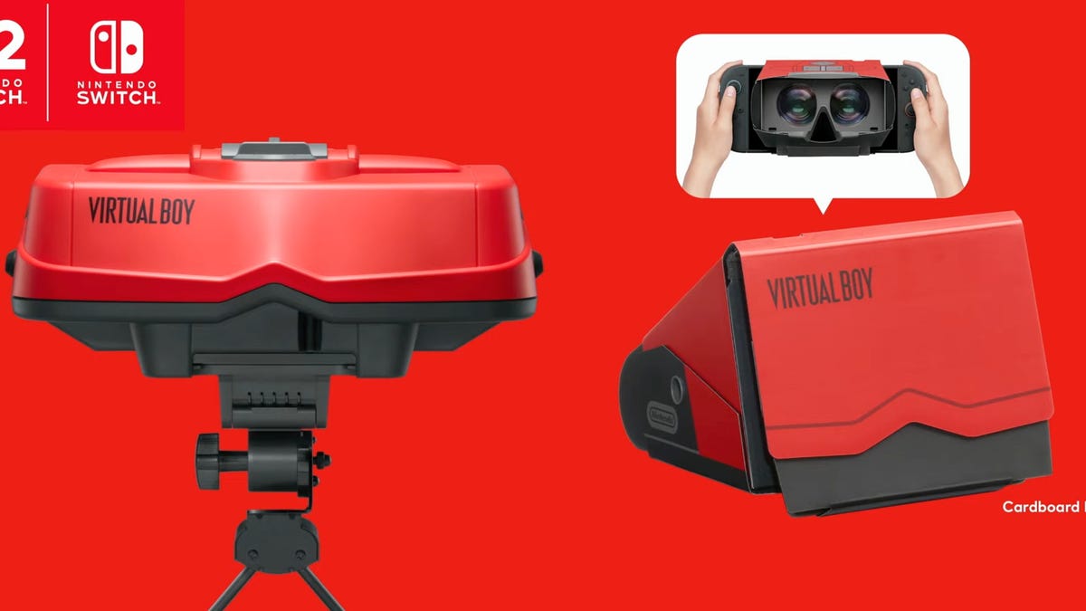 Virtual Boy game system accessory for Switch shown in cardboard and plastic forms