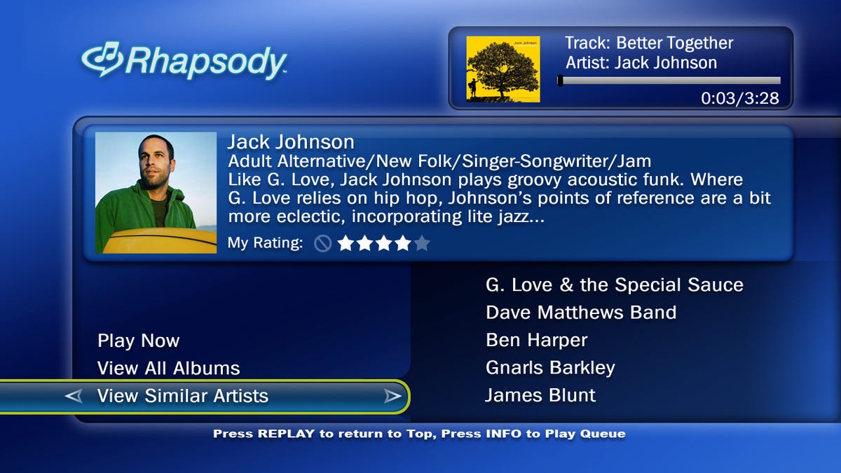 Screenshots of Rhapsody running on TiVo