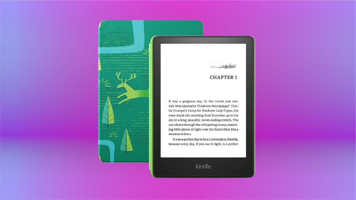Kindle Paperwhite Kids Device bundle is displayed against a blue background.