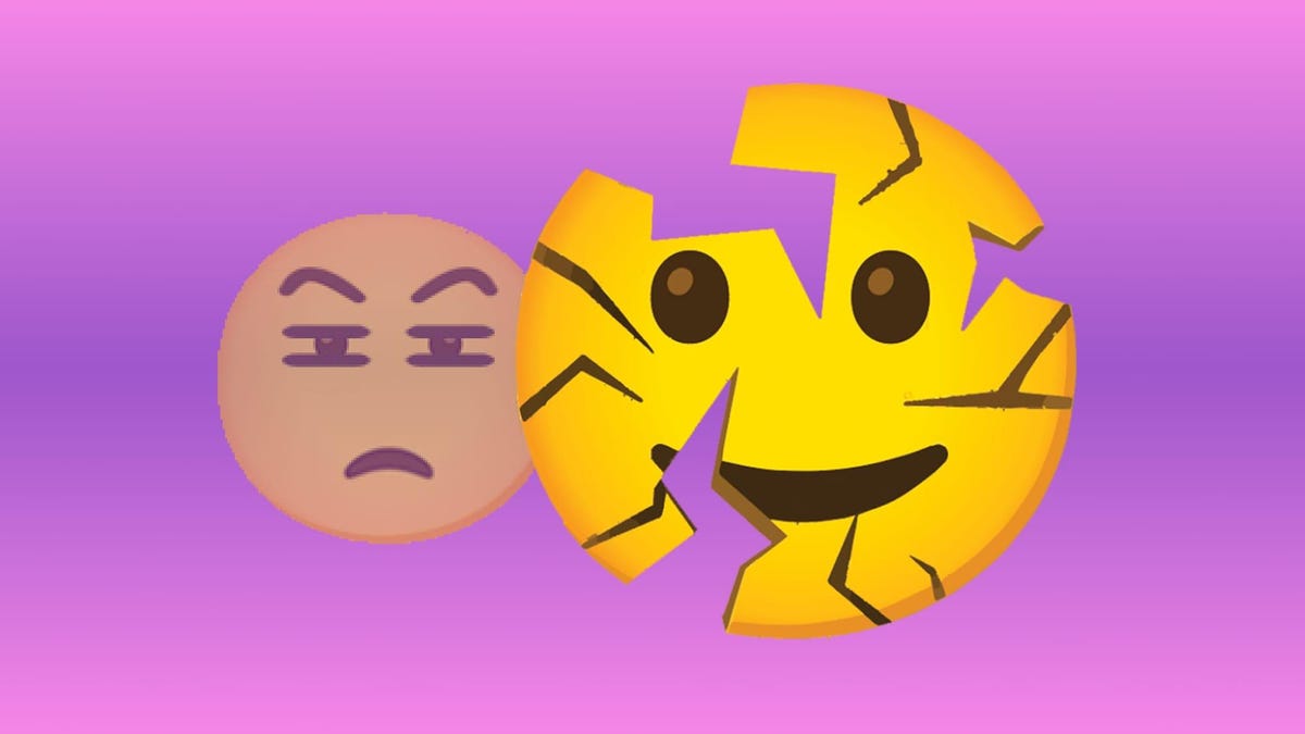 A cracking face emoji with a squinty face emoji behind it.