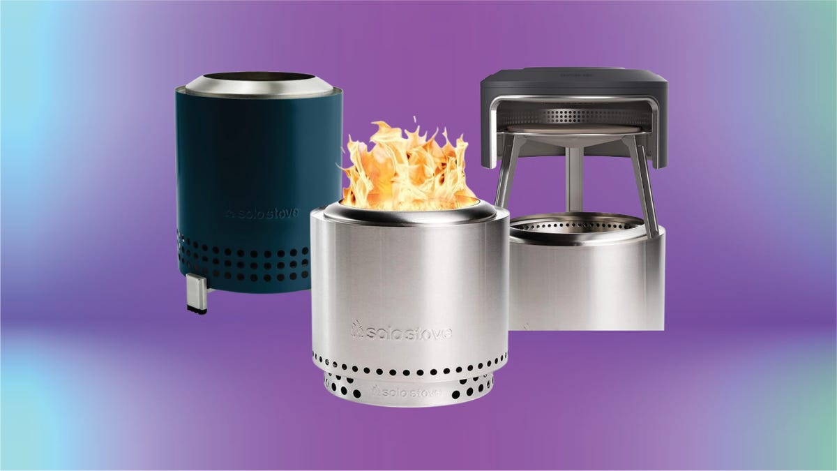 Solo Stove Mesa, Ranger and Bonfire Pi Fire on purple background