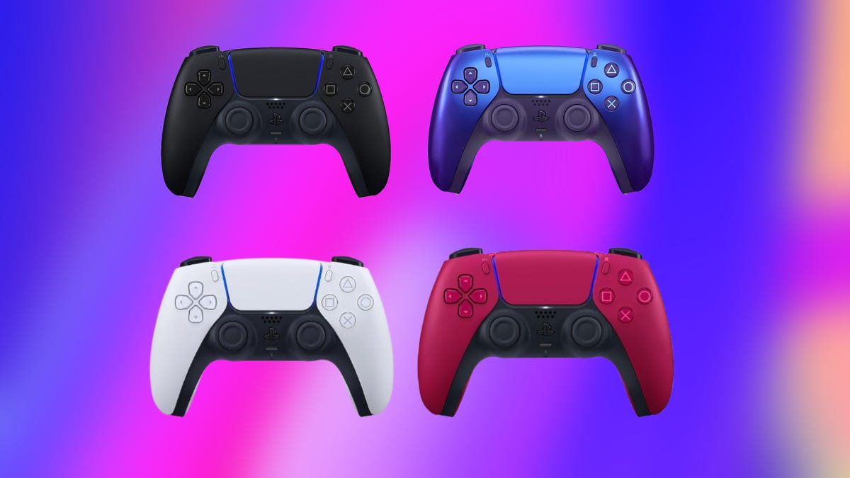 PS5 Dualsense controller in white, red, black and chroma indigo on blue/pink CNET background