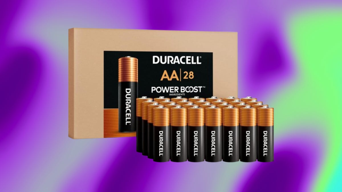 Box of carton pack with 28 AA Duracell batteries inside. Batteries outside. Background: purple and neon green swirl background.