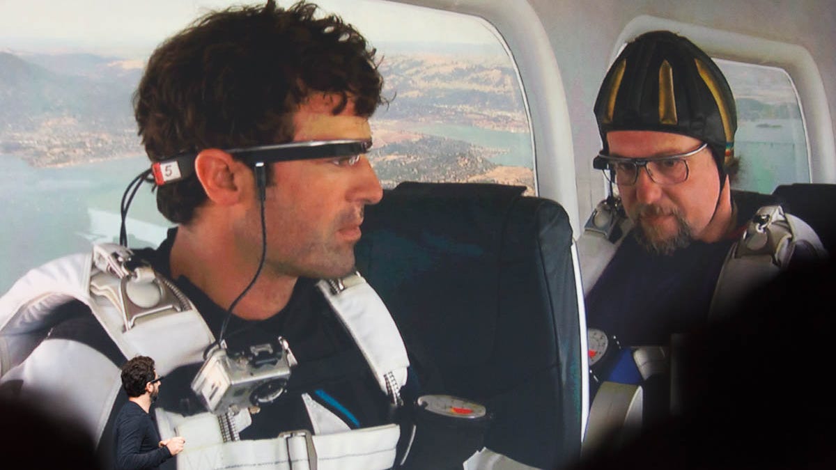 Skydivers preparing to jump at Google I/O 2012.