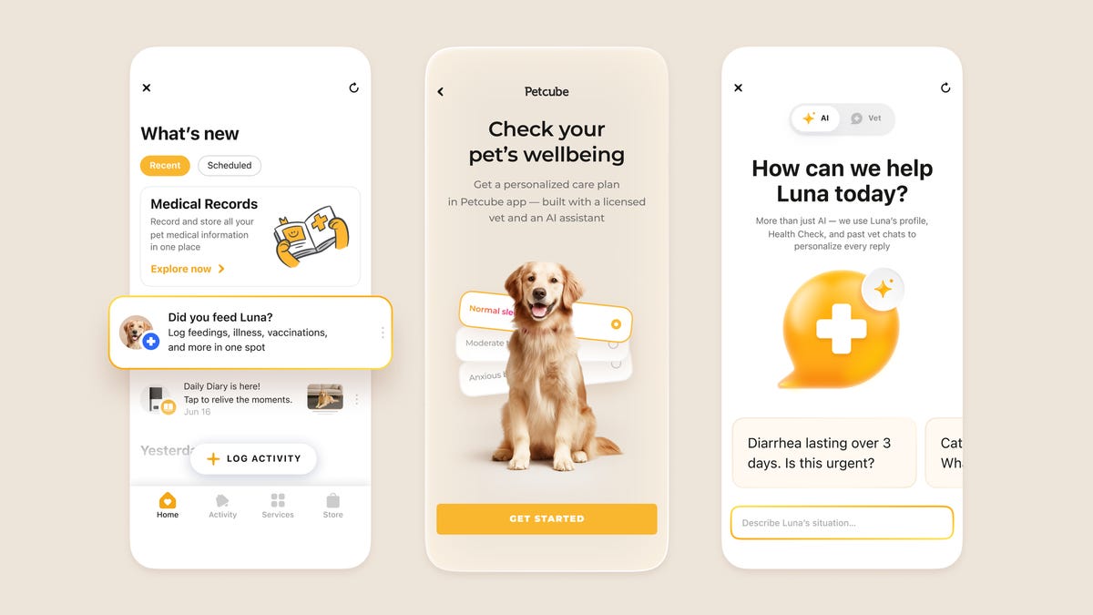 Petcube's pet health app showing three different screens: one to log activity, one to check on a pet's well-being and one featuring an AI chat for pet health questions.