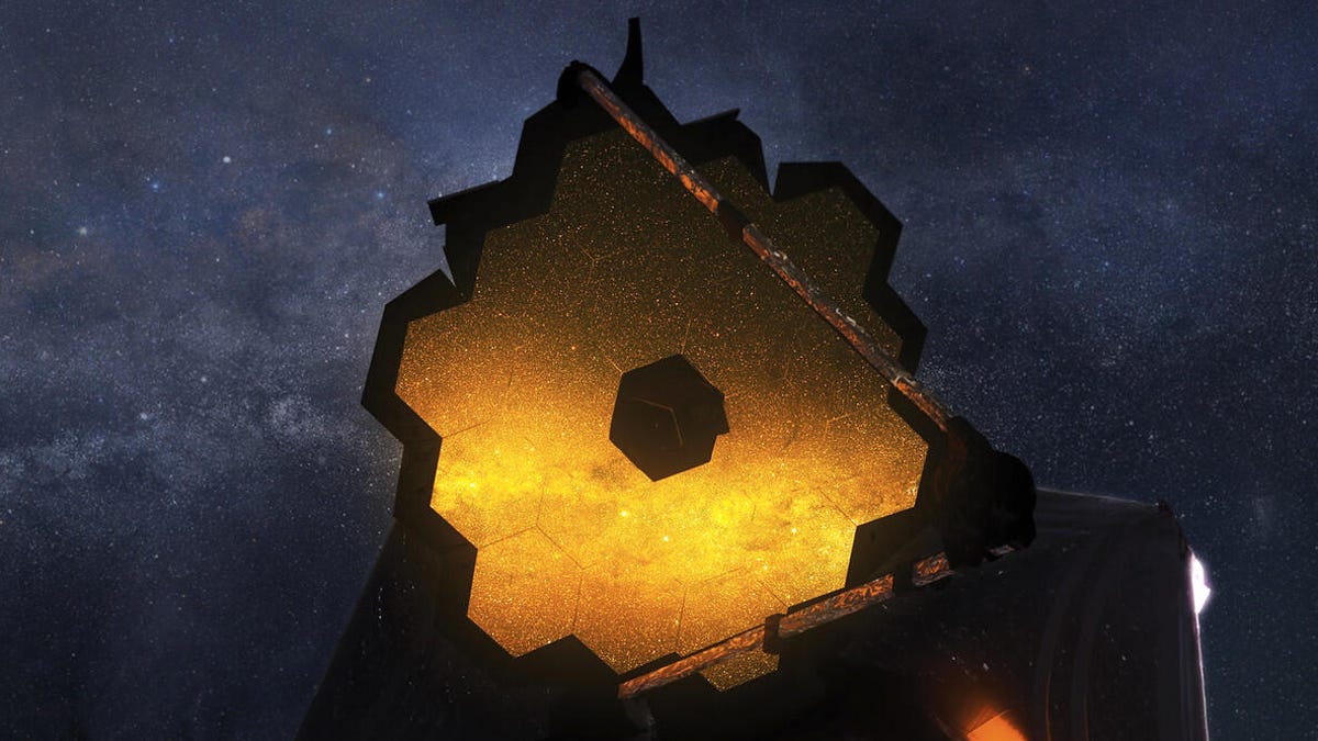 A depiction of the James Webb telescope in space.