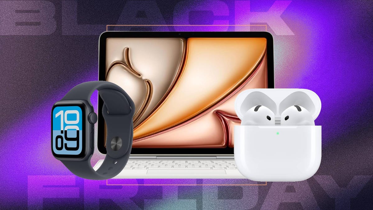 A smartwatch, tablet and pair of earbuds against a purple and black CNET. background with the text "Black Friday."