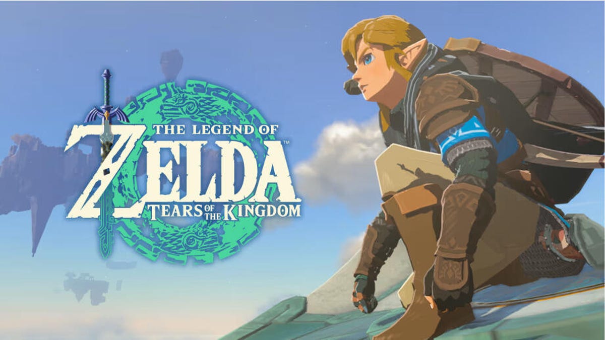 Link riding a Zonai device next to the title card for Tears of the Kingdom