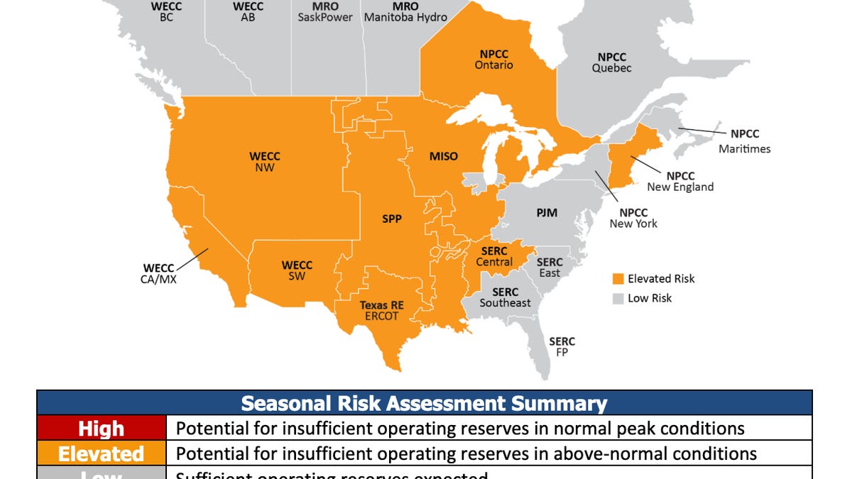 Regions in North America at elevated risk for energy shortfalls in summer 2023