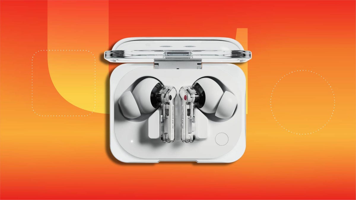 Nothing earbuds on a CNET background.