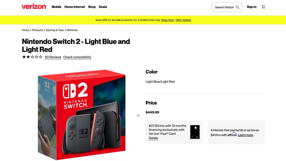 Verizon page showing Switch 2